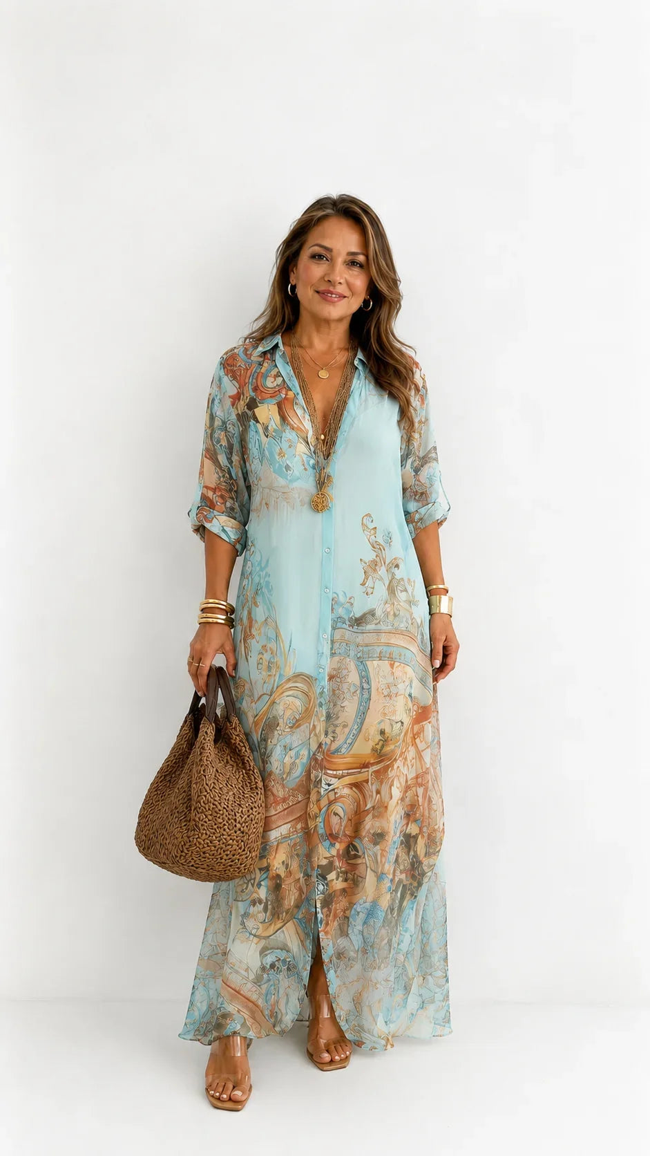 Lorna | Vestido camisero largo de estampado mediterráneo