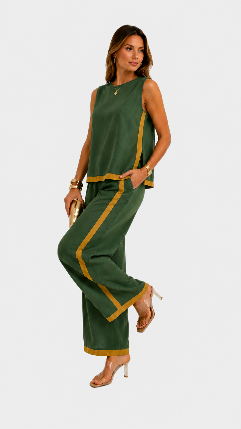 Leila | Conjunto elegante de dos piezas — Verde — fondo gris claro