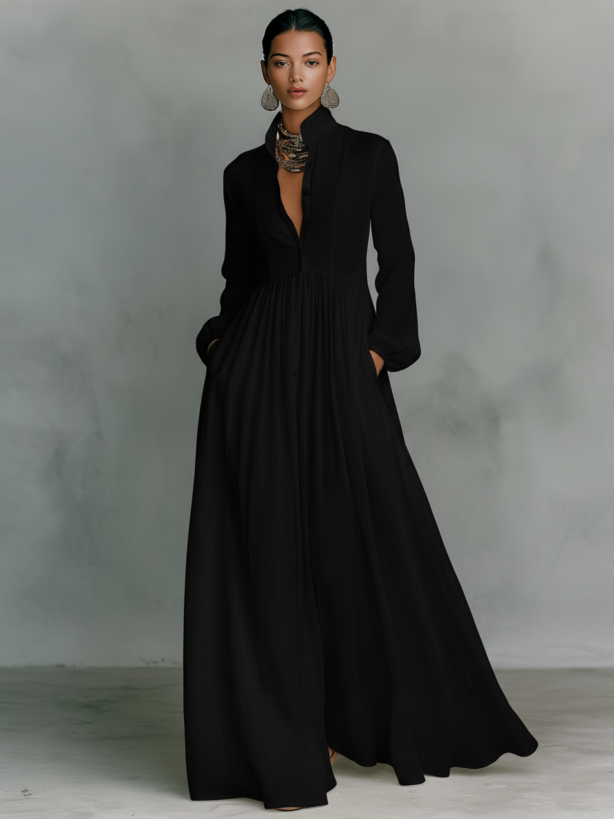 Vestido largo de algodón y lino con cuello alto