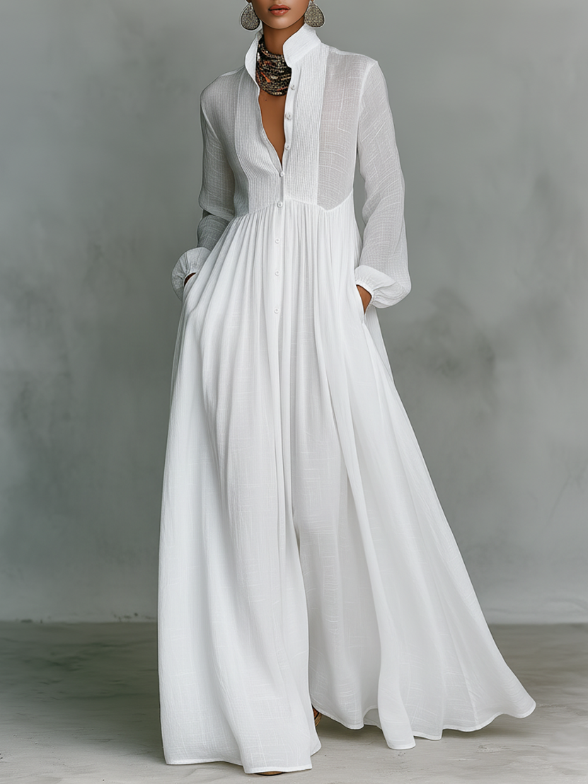 Vestido largo de algodón y lino con cuello alto