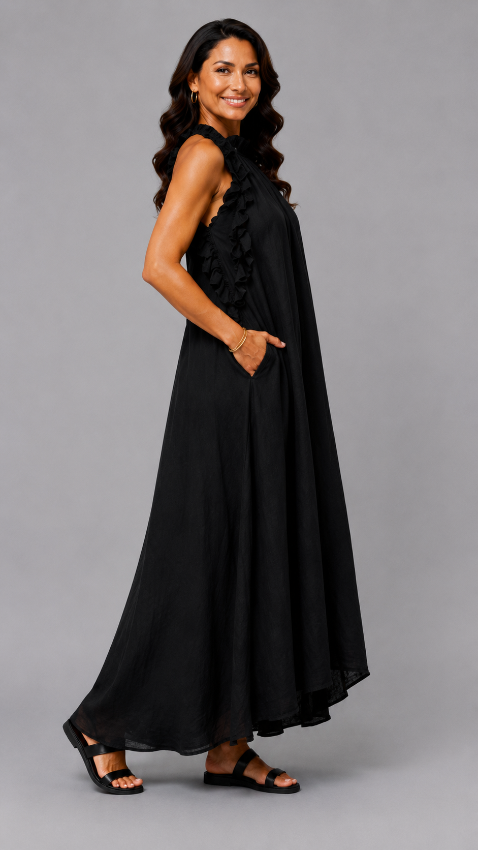Fernanda | Vestido largo sin mangas con volantes