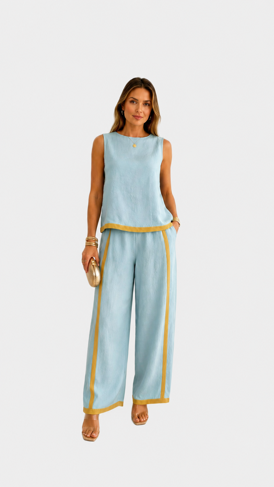Leila | Conjunto elegante de dos piezas — Azul — fondo gris claro