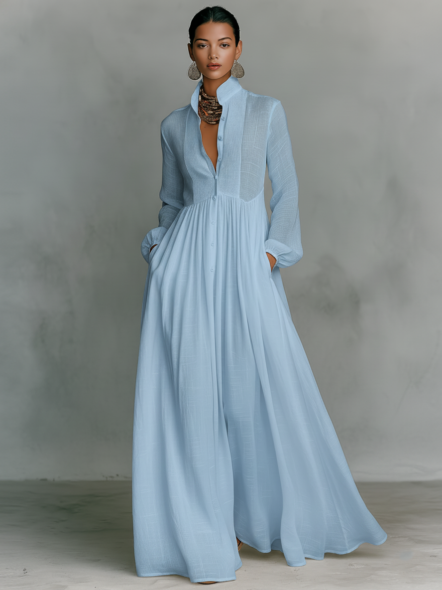Vestido largo de algodón y lino con cuello alto