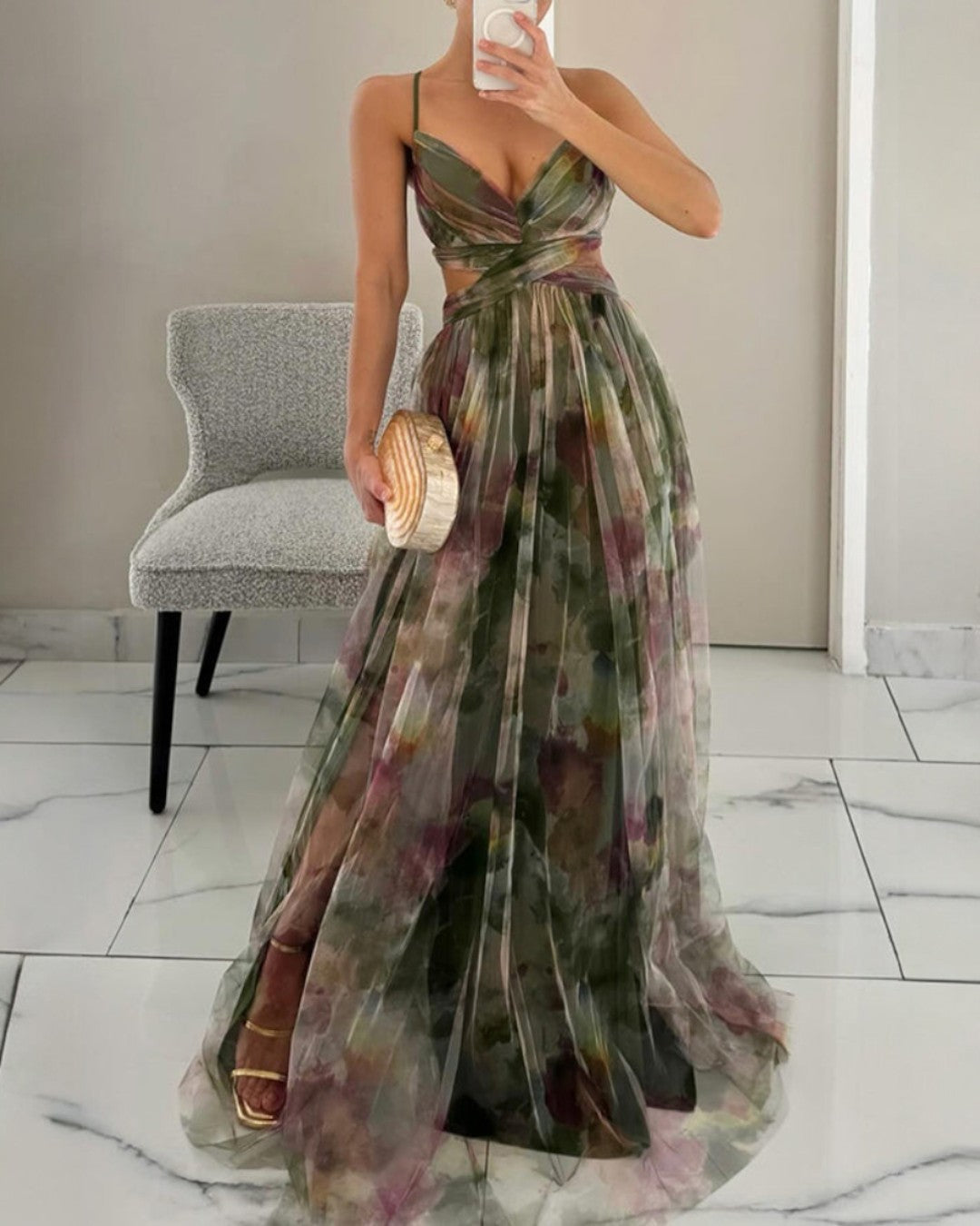 Marbella | Vestido largo de tul con estampado floral
