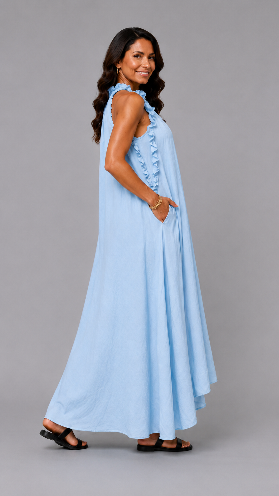 Fernanda | Vestido largo sin mangas con volantes