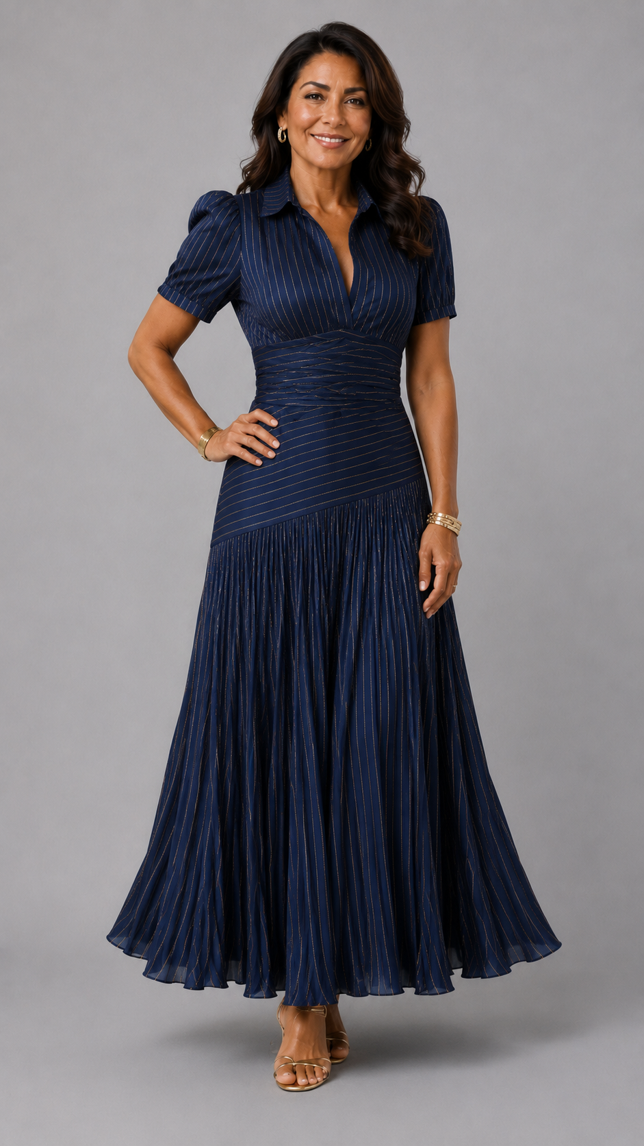 Adriana | Vestido midi de satén con rayas retro