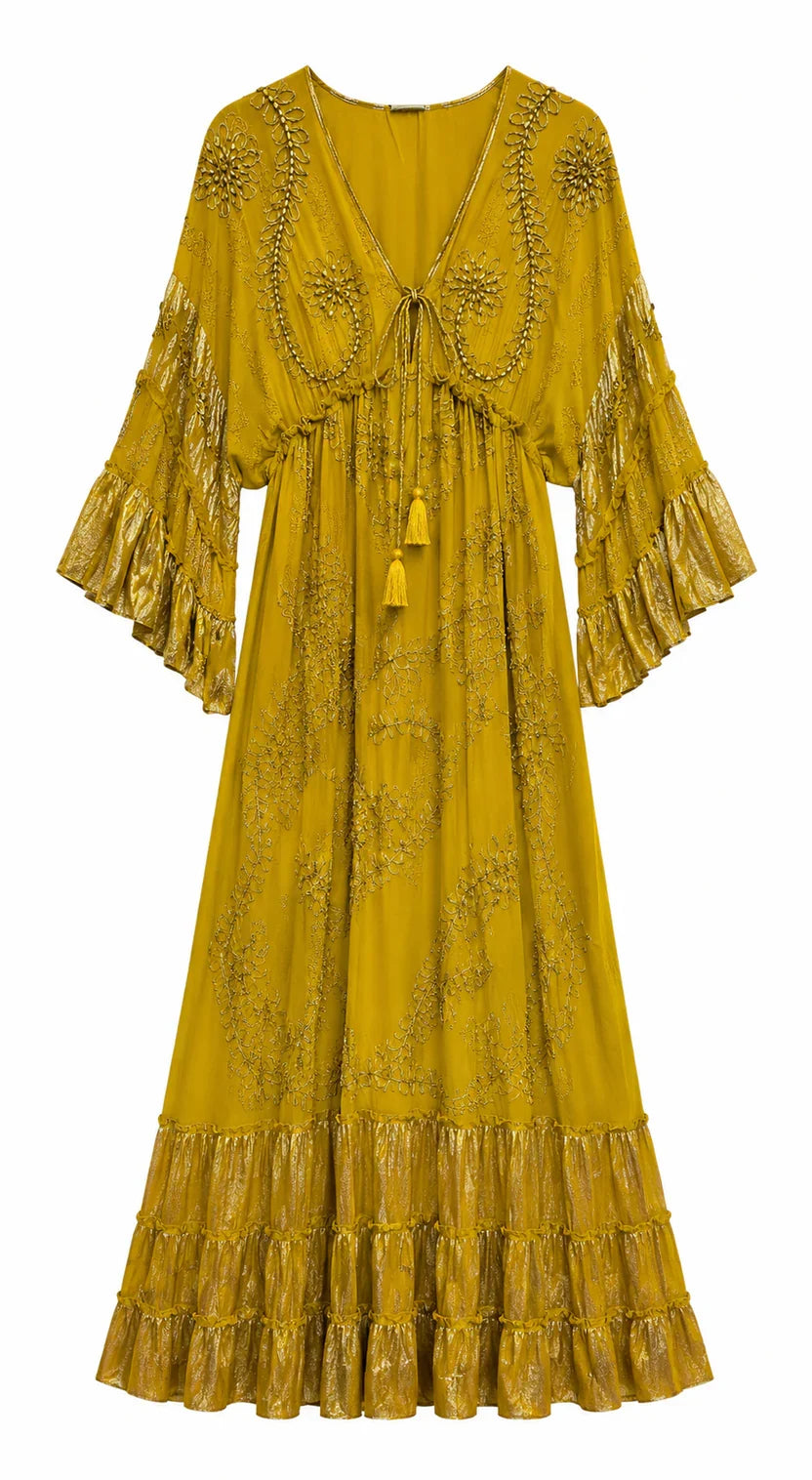 Benirrás | Vestido largo con pedrería y mangas kimono · Vista 3