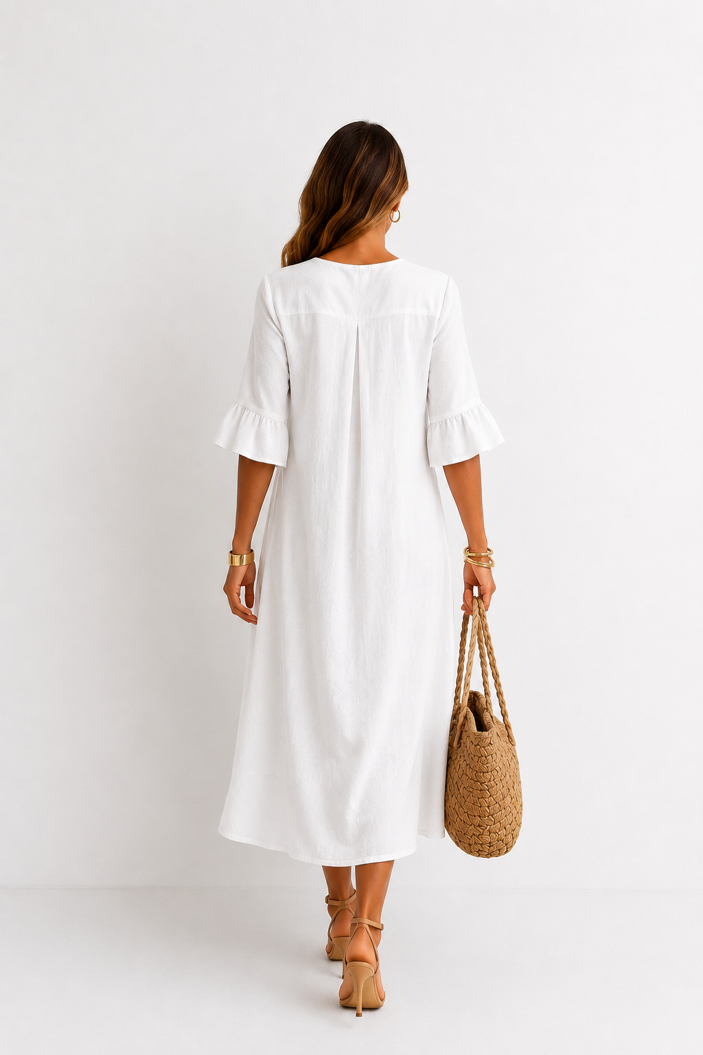 Vestido efecto lino Vanesa con mangas de volantes y botones