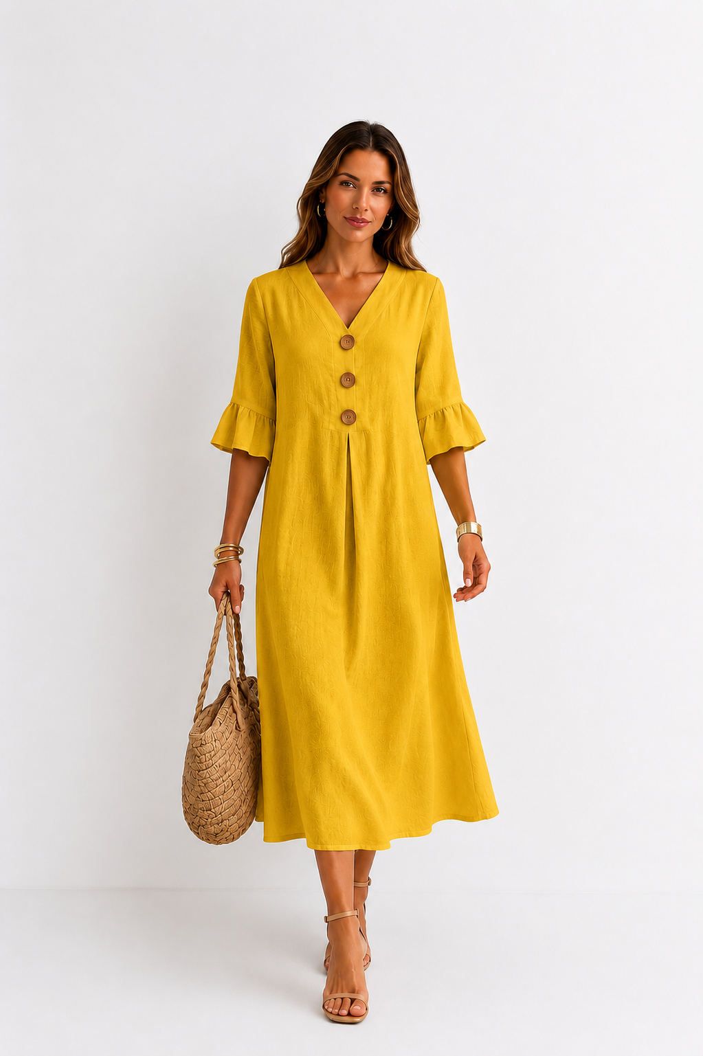 Vestido efecto lino Vanesa con mangas de volantes y botones