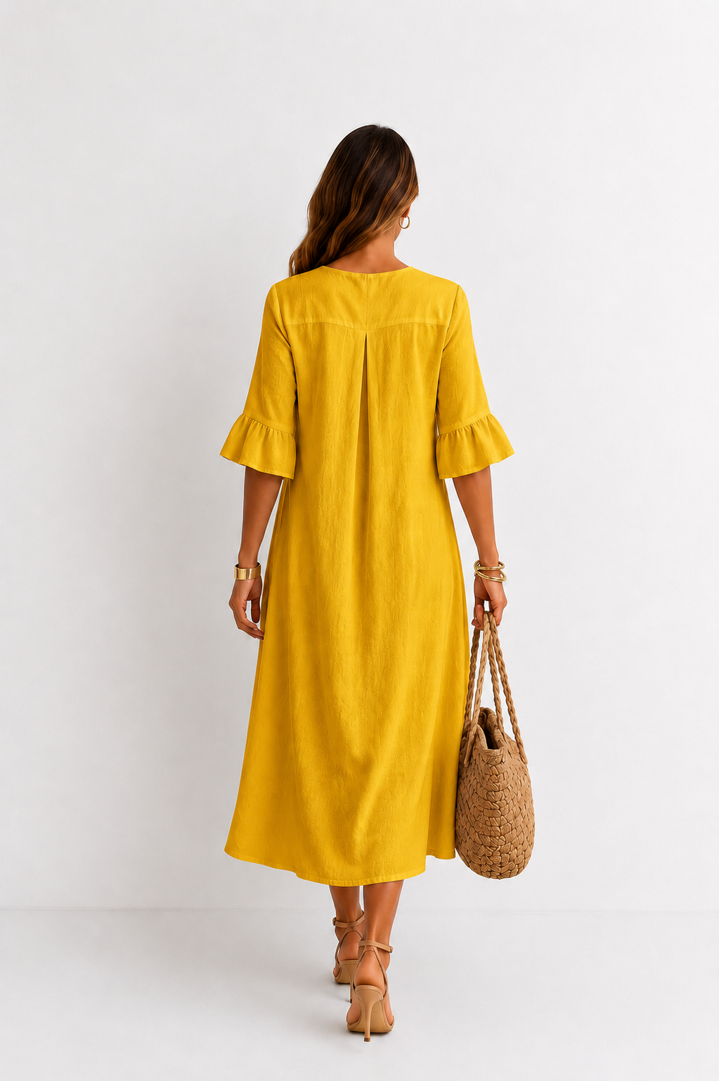 Vestido efecto lino Vanesa con mangas de volantes y botones