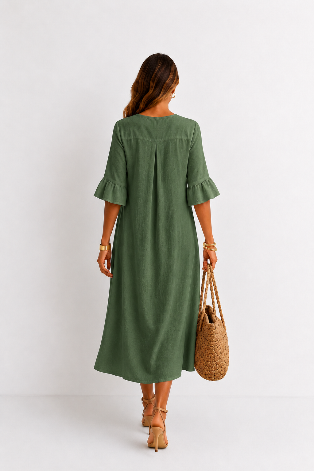 Vestido efecto lino Vanesa con mangas de volantes y botones