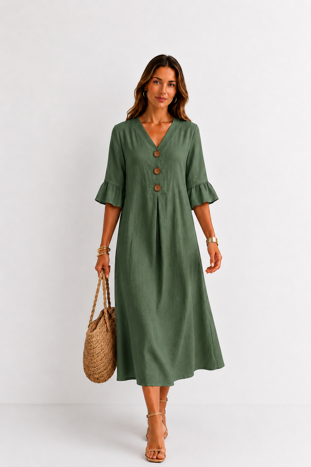Vestido efecto lino Vanesa con mangas de volantes y botones