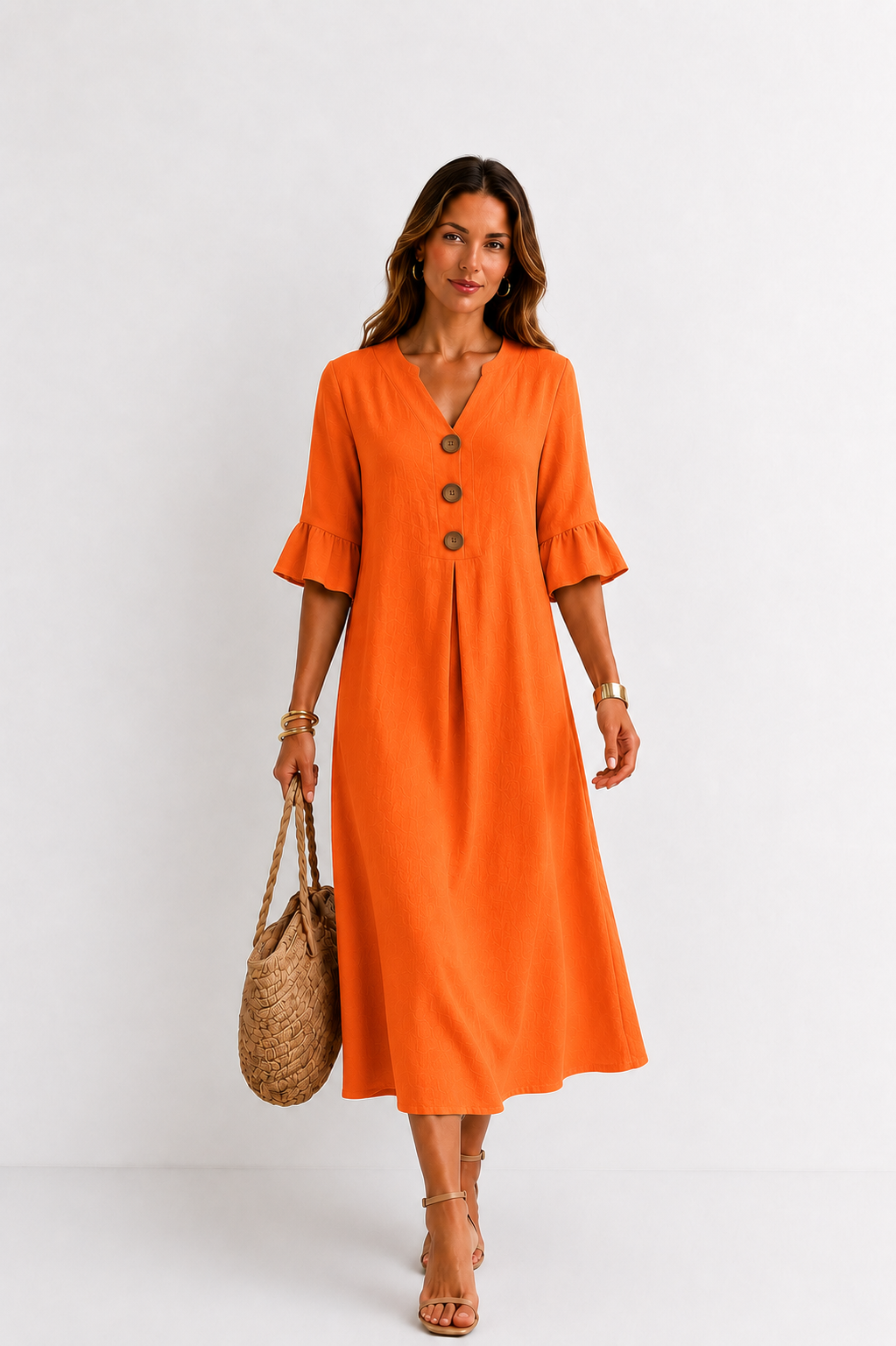 Vestido efecto lino Vanesa con mangas de volantes y botones