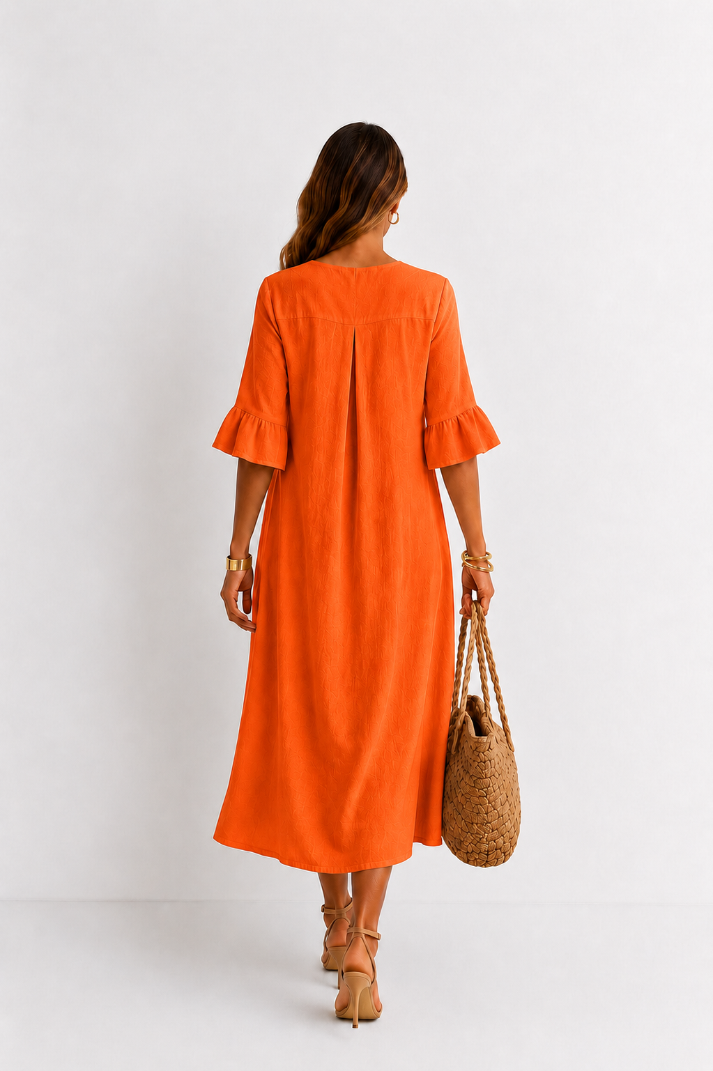 Vestido efecto lino Vanesa con mangas de volantes y botones