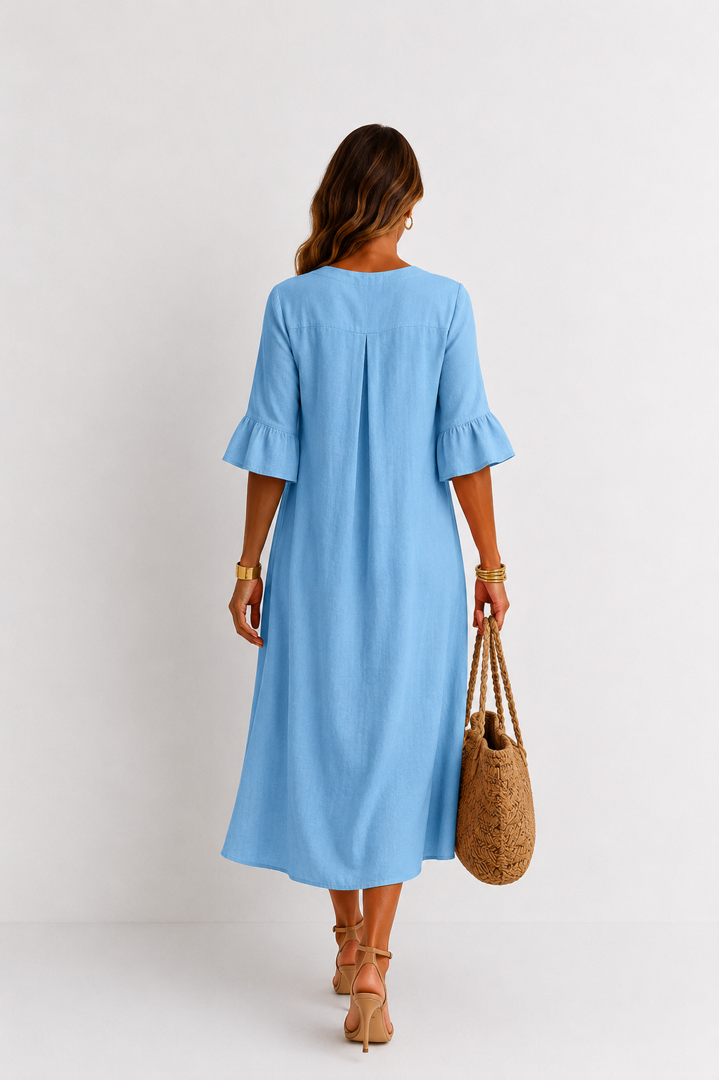 Vestido efecto lino Vanesa con mangas de volantes y botones