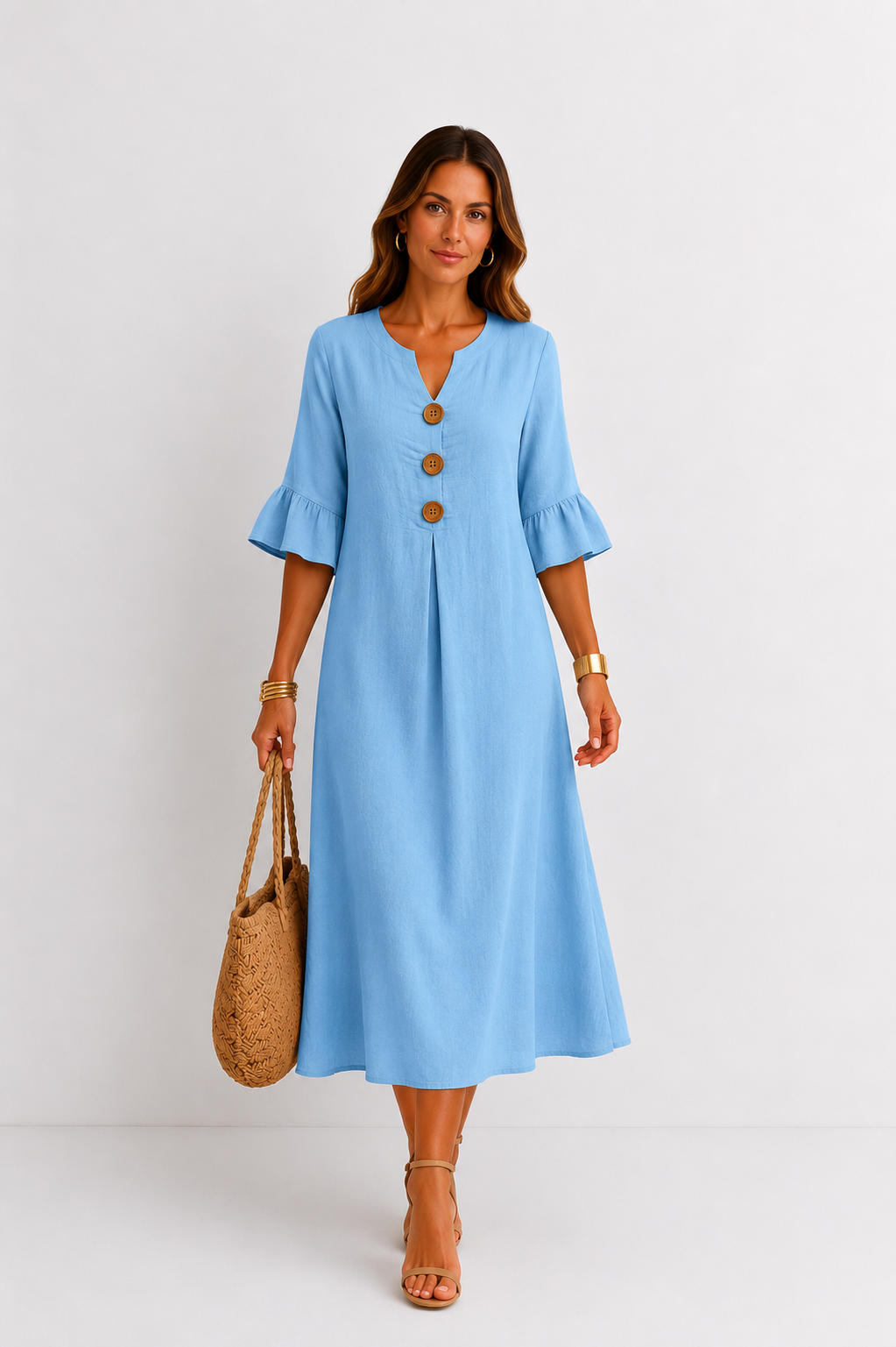 Vestido efecto lino Vanesa con mangas de volantes y botones