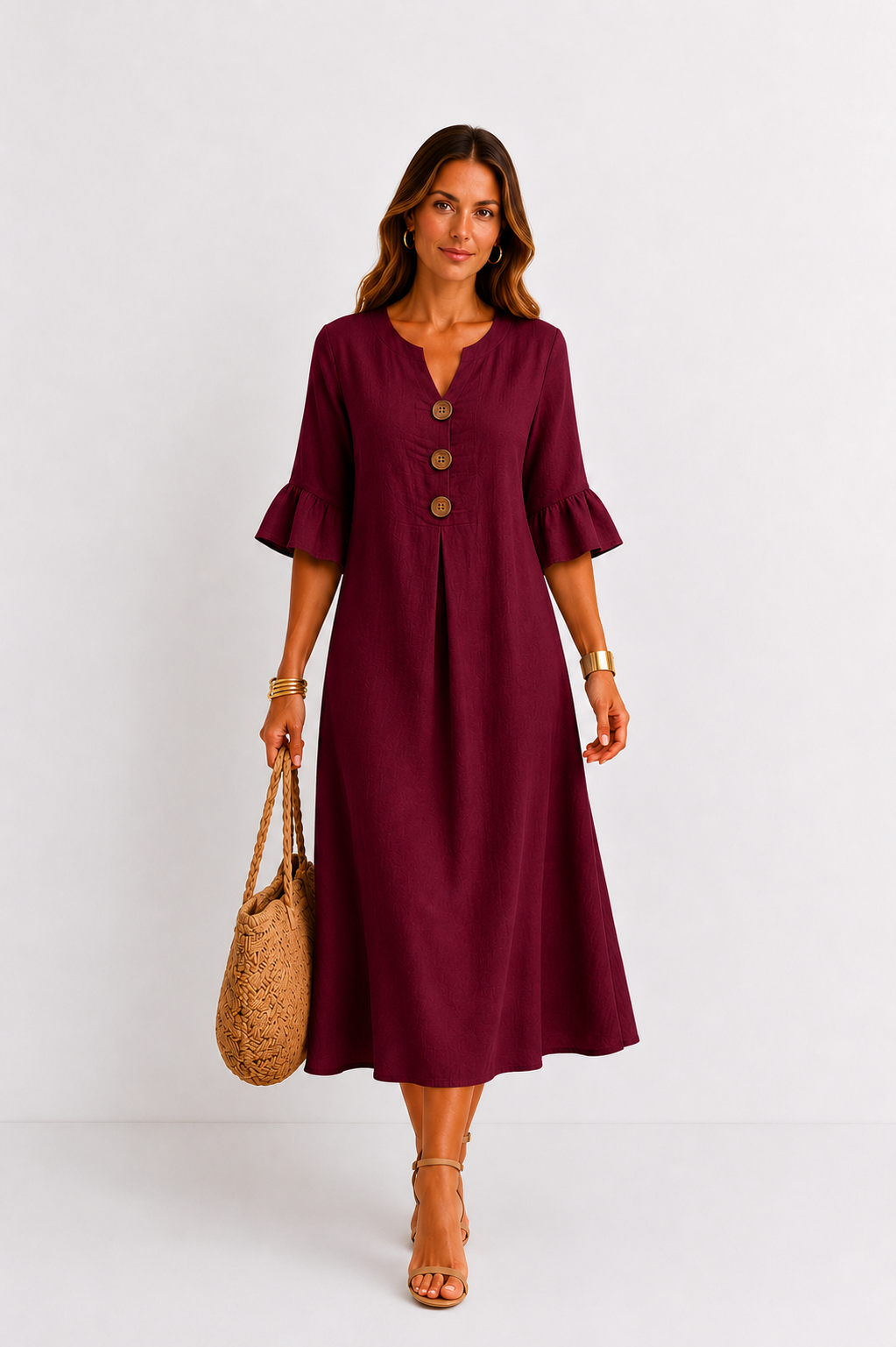 Vestido efecto lino Vanesa con mangas de volantes y botones