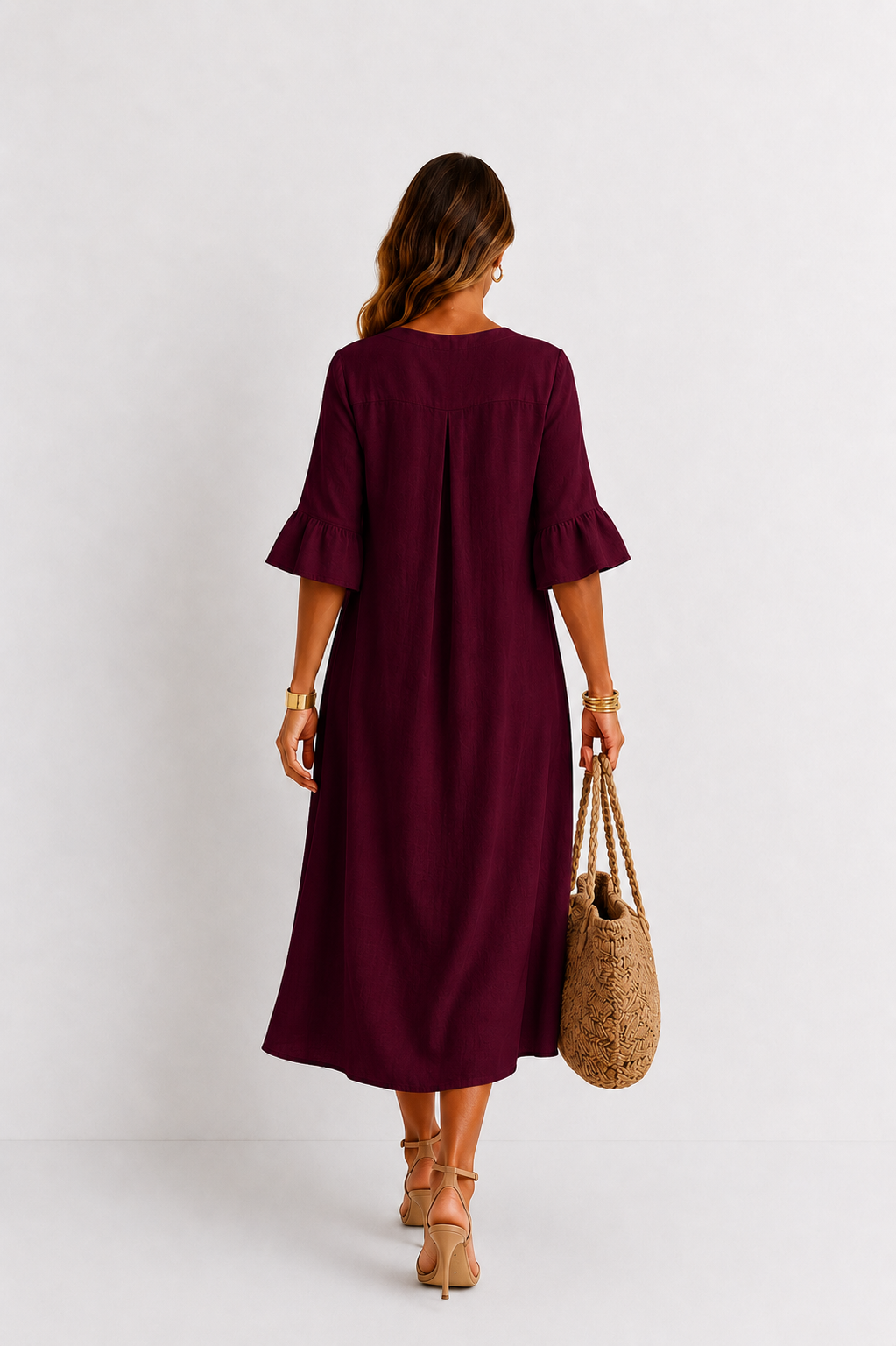 Vestido efecto lino Vanesa con mangas de volantes y botones