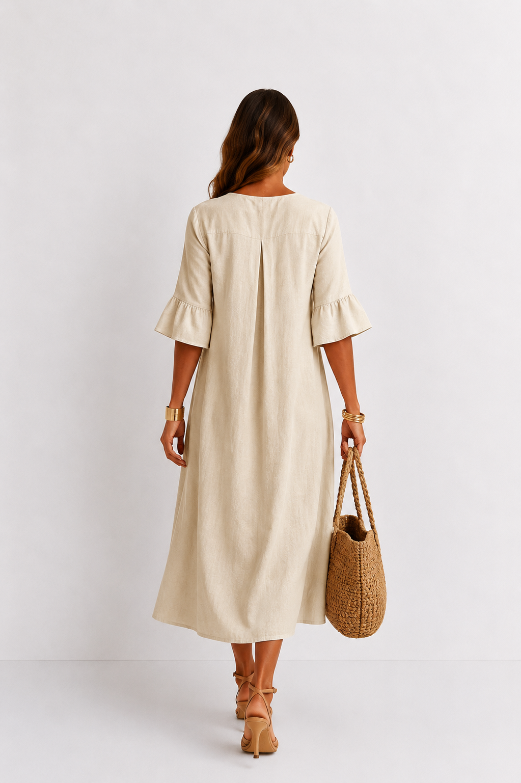 Vestido efecto lino Vanesa con mangas de volantes y botones