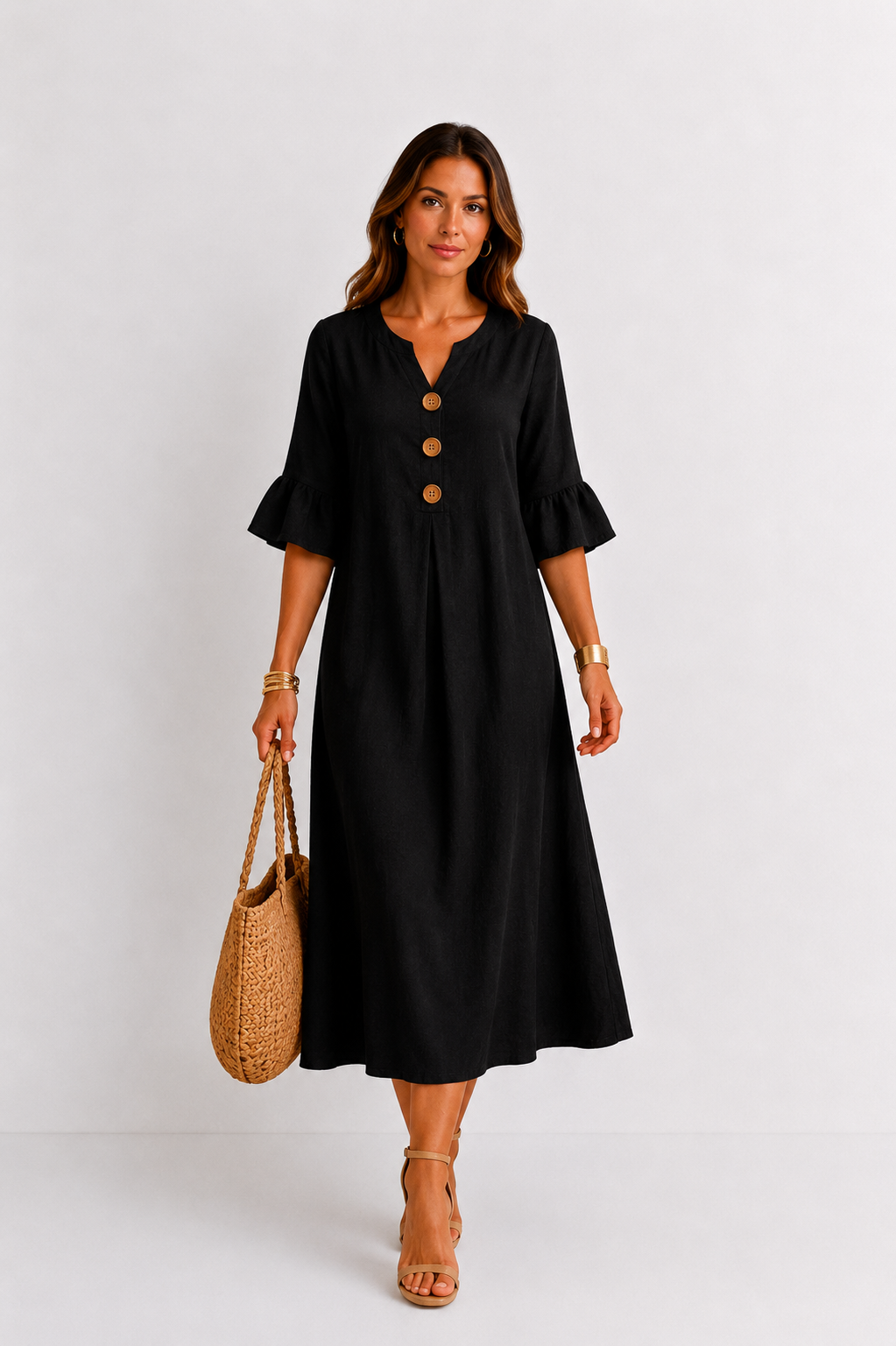 Vestido efecto lino Vanesa con mangas de volantes y botones