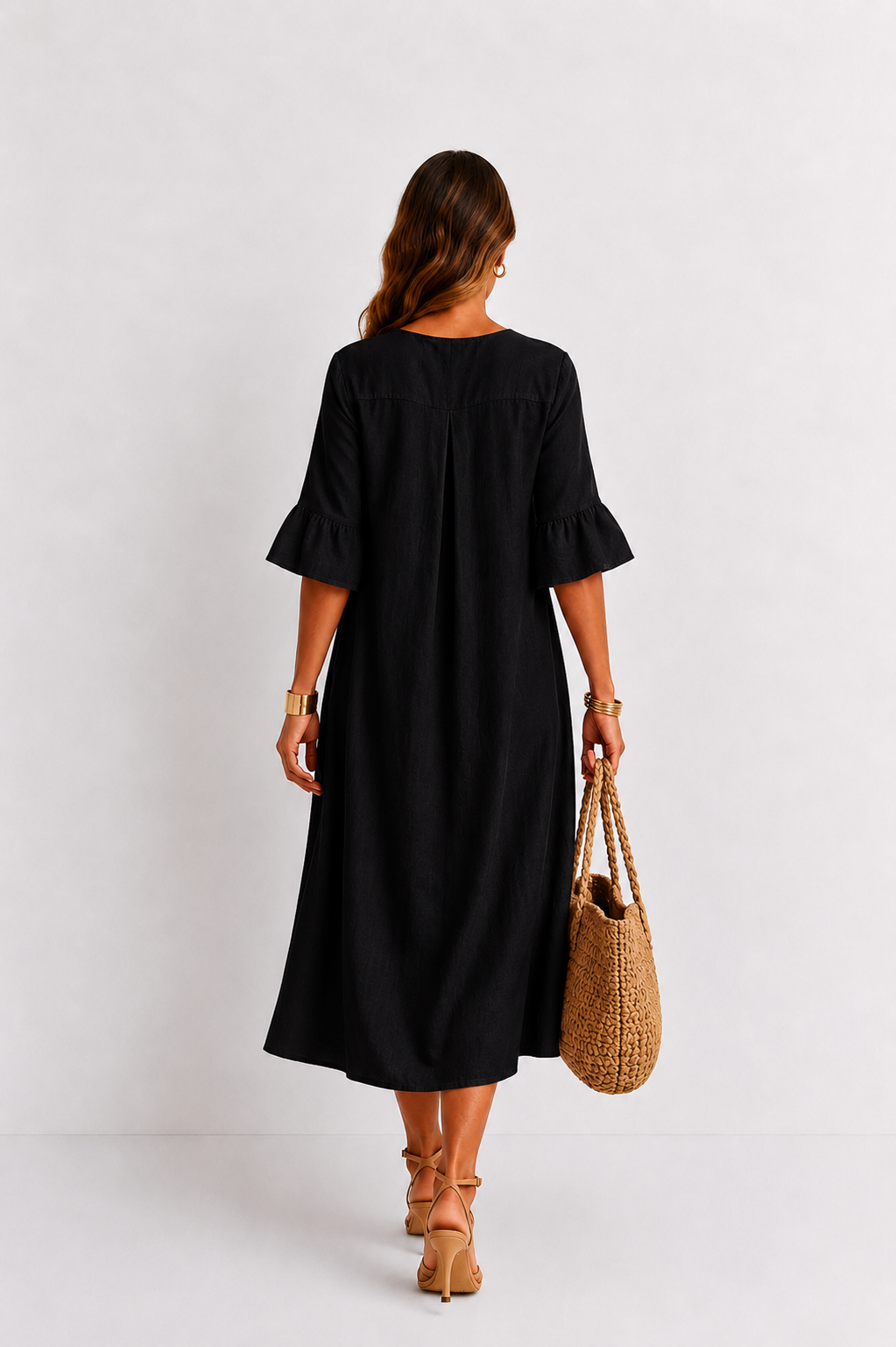 Vestido efecto lino Vanesa con mangas de volantes y botones