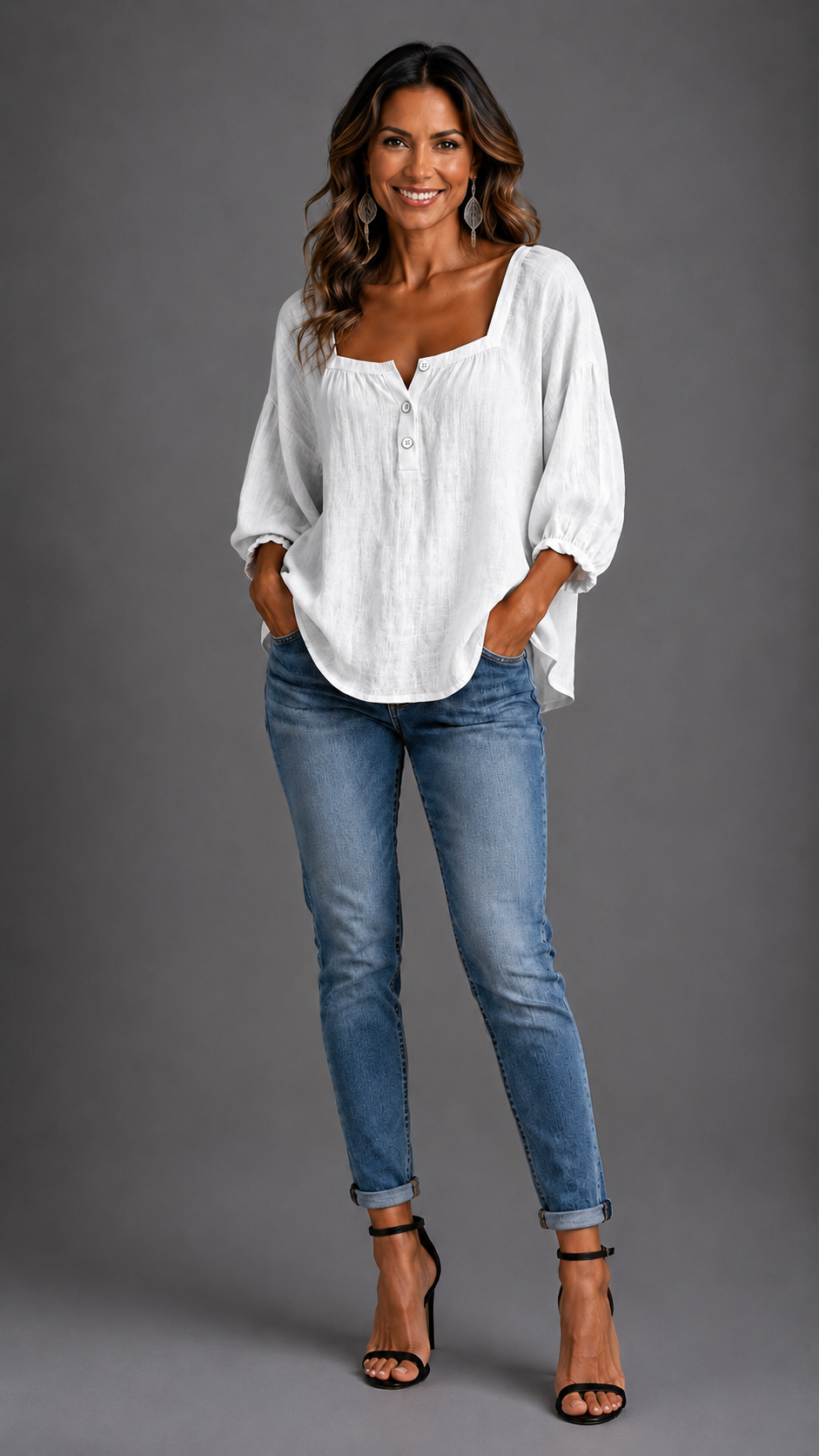 Blusa Amelia de escote cuadrado y manga larga