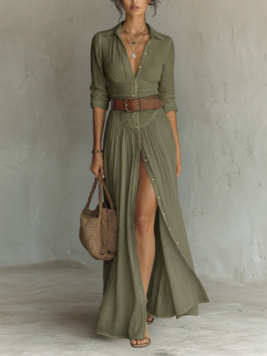 Vestido largo cruzado con solapas y manga larga · Vista 5