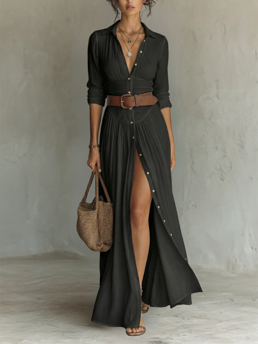 Vestido largo cruzado con solapas y manga larga · Vista 4