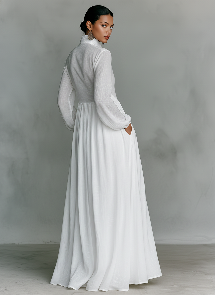 Vestido largo de algodón y lino con cuello alto