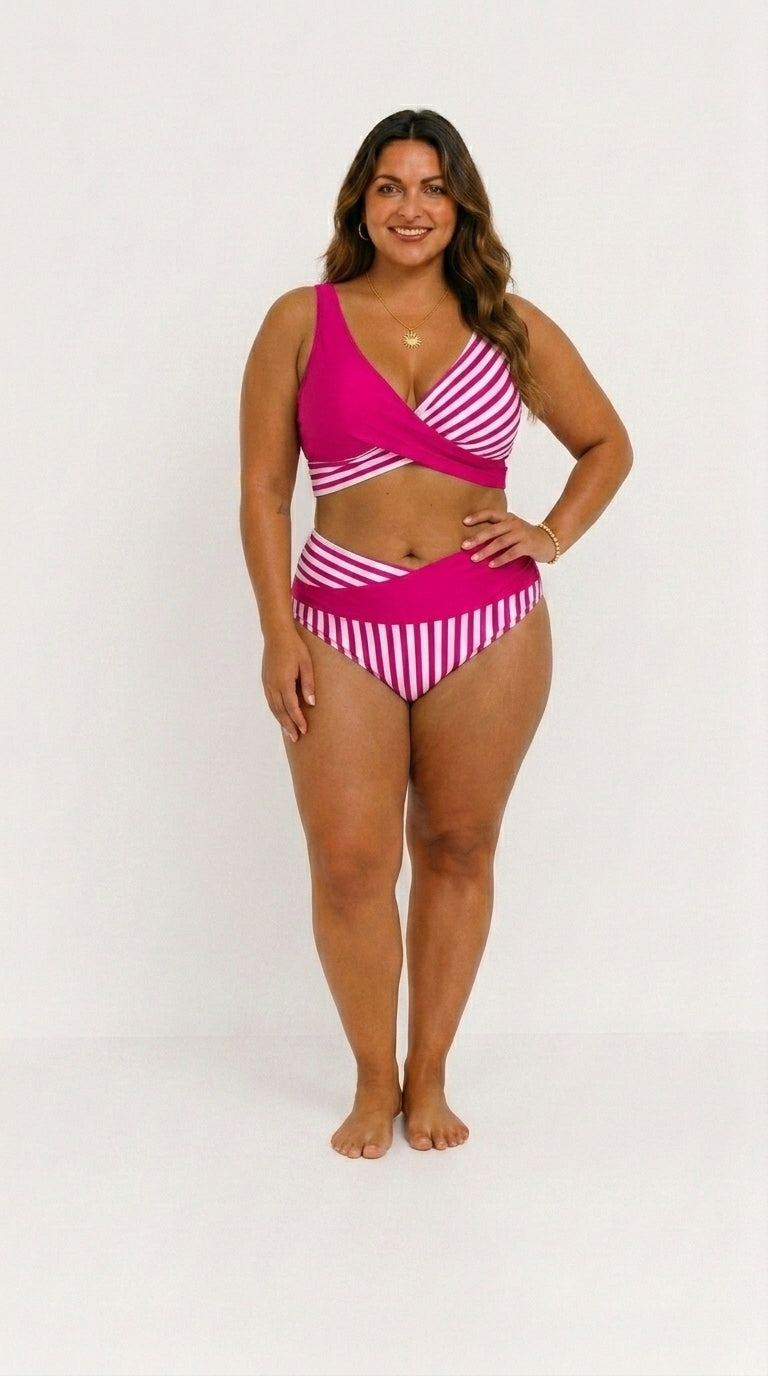 Bikini cruzado de rayas con braguita de talle alto