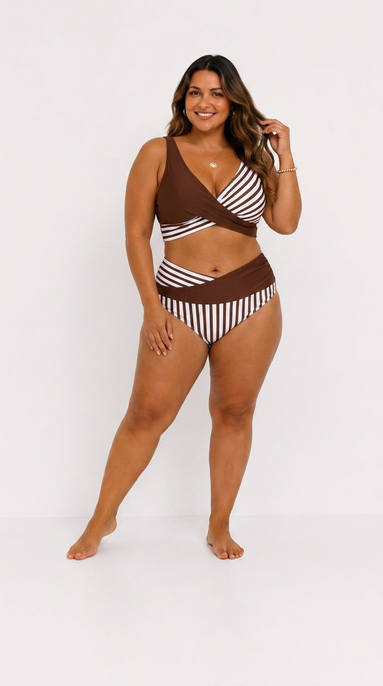 Bikini cruzado de rayas con braguita de talle alto
