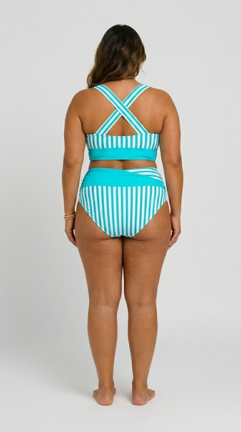 Bikini cruzado de rayas con braguita de talle alto