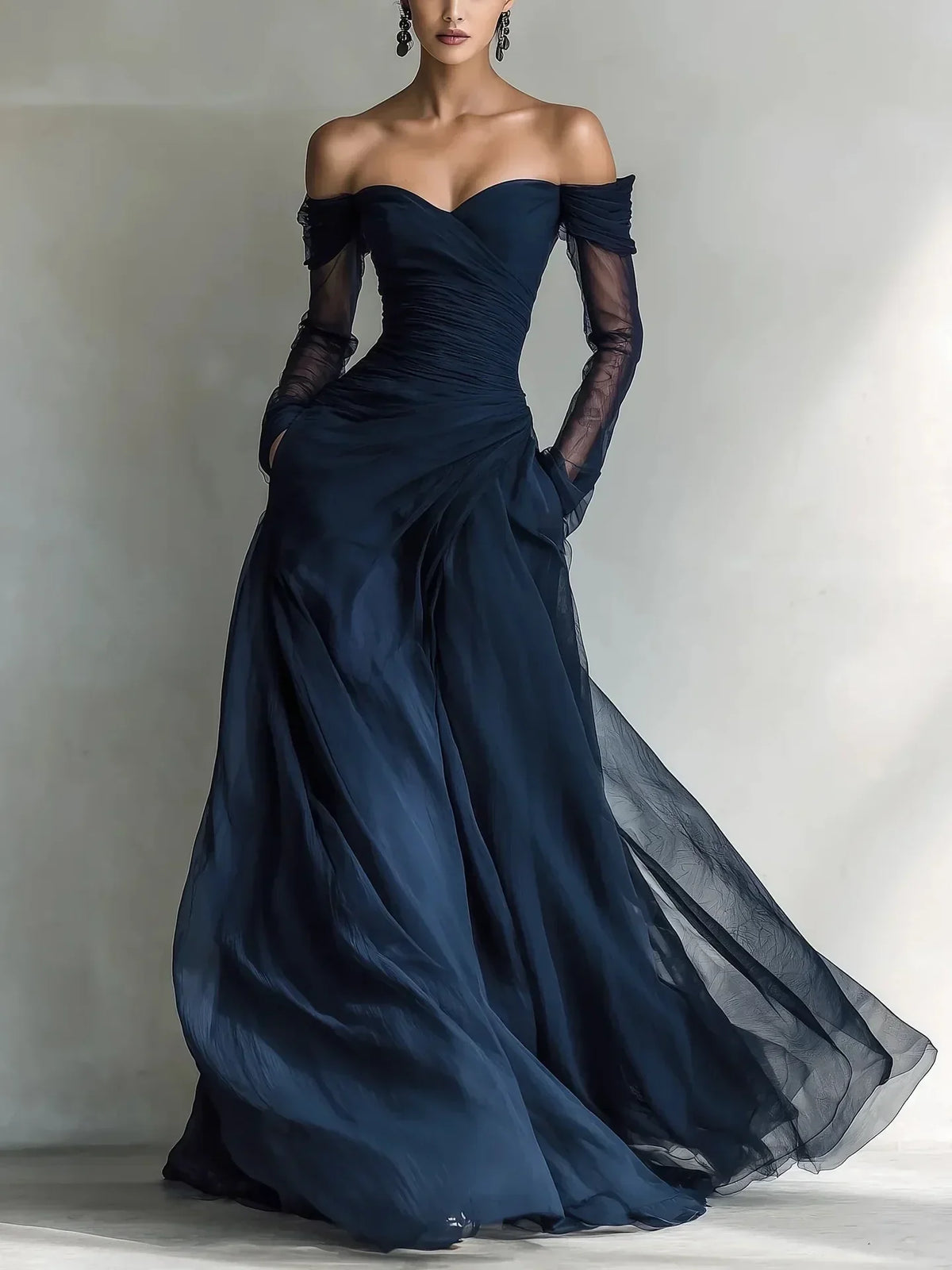 Eleonora | Vestido largo con hombros descubiertos y tul