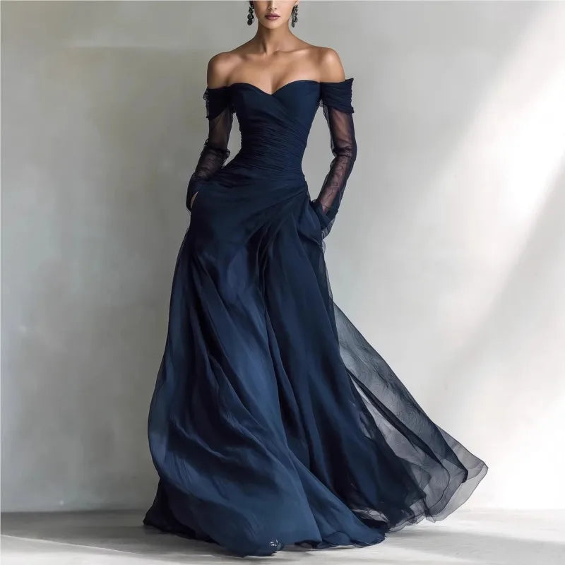 Eleonora | Vestido largo con hombros descubiertos y tul
