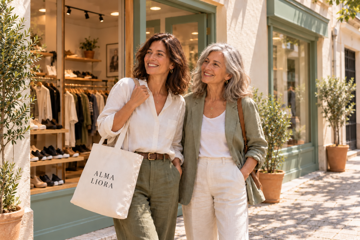 Dos mujeres frente a la boutique Alma Liora