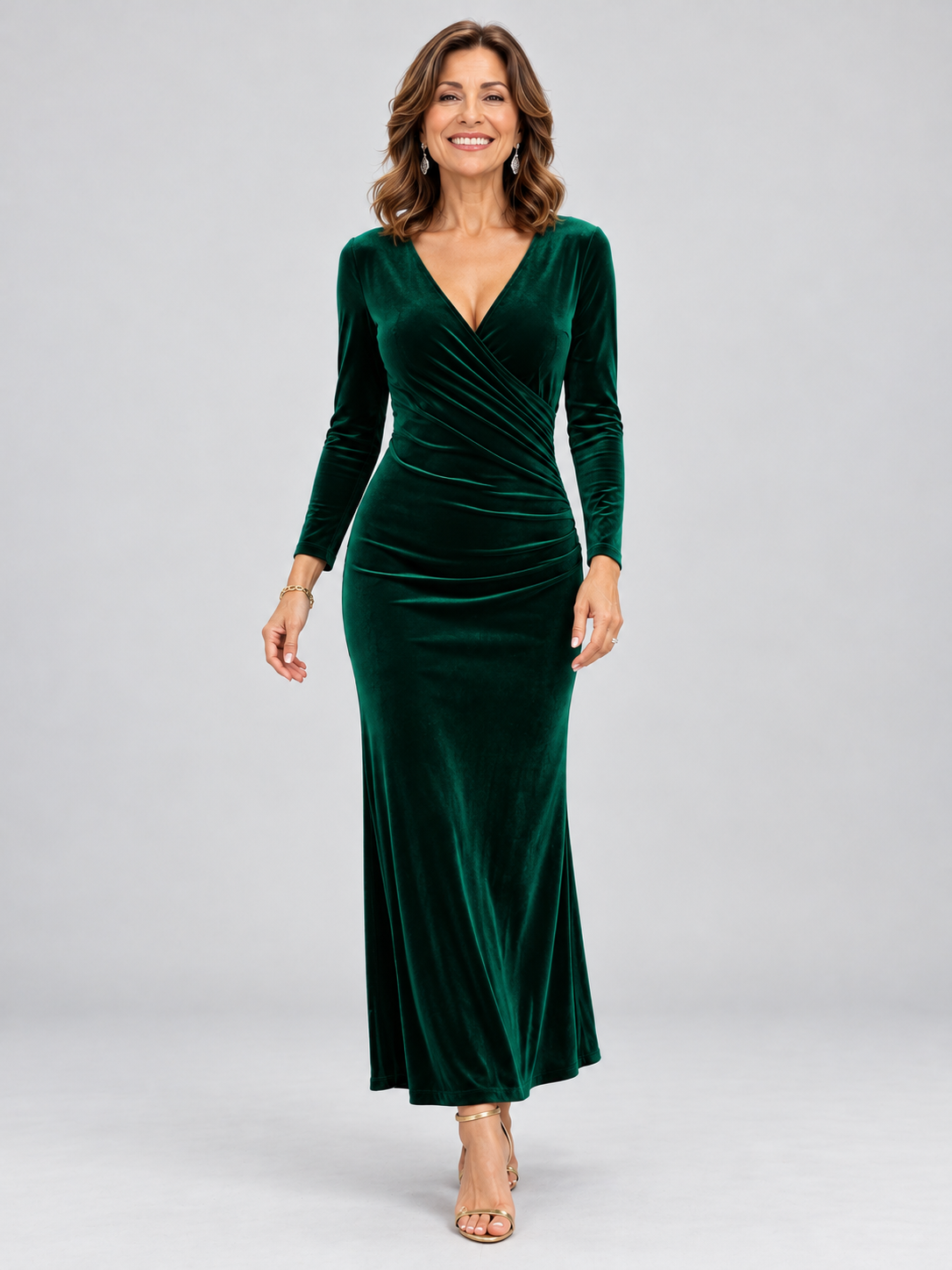 Alma, vestido largo de terciopelo verde oscuro con escote cruzado