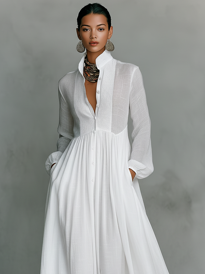 Vestido largo de algodón y lino con cuello alto