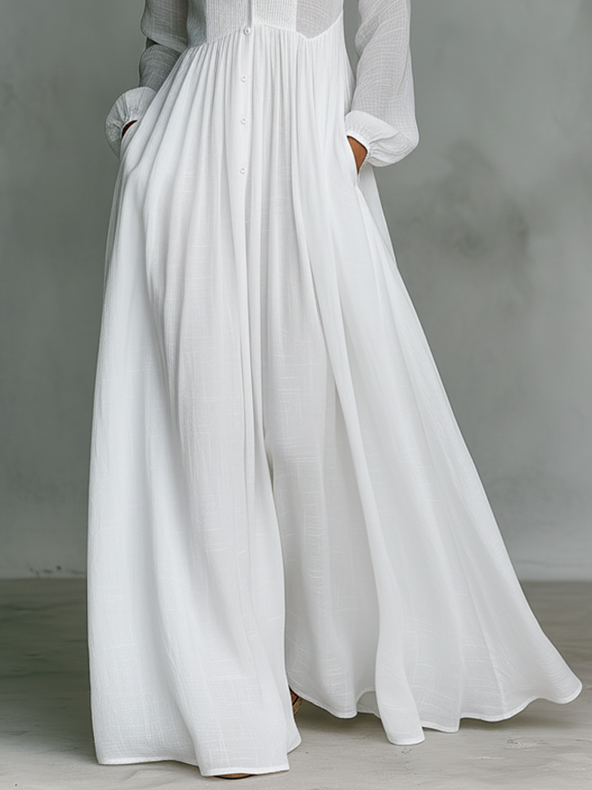 Vestido largo de algodón y lino con cuello alto
