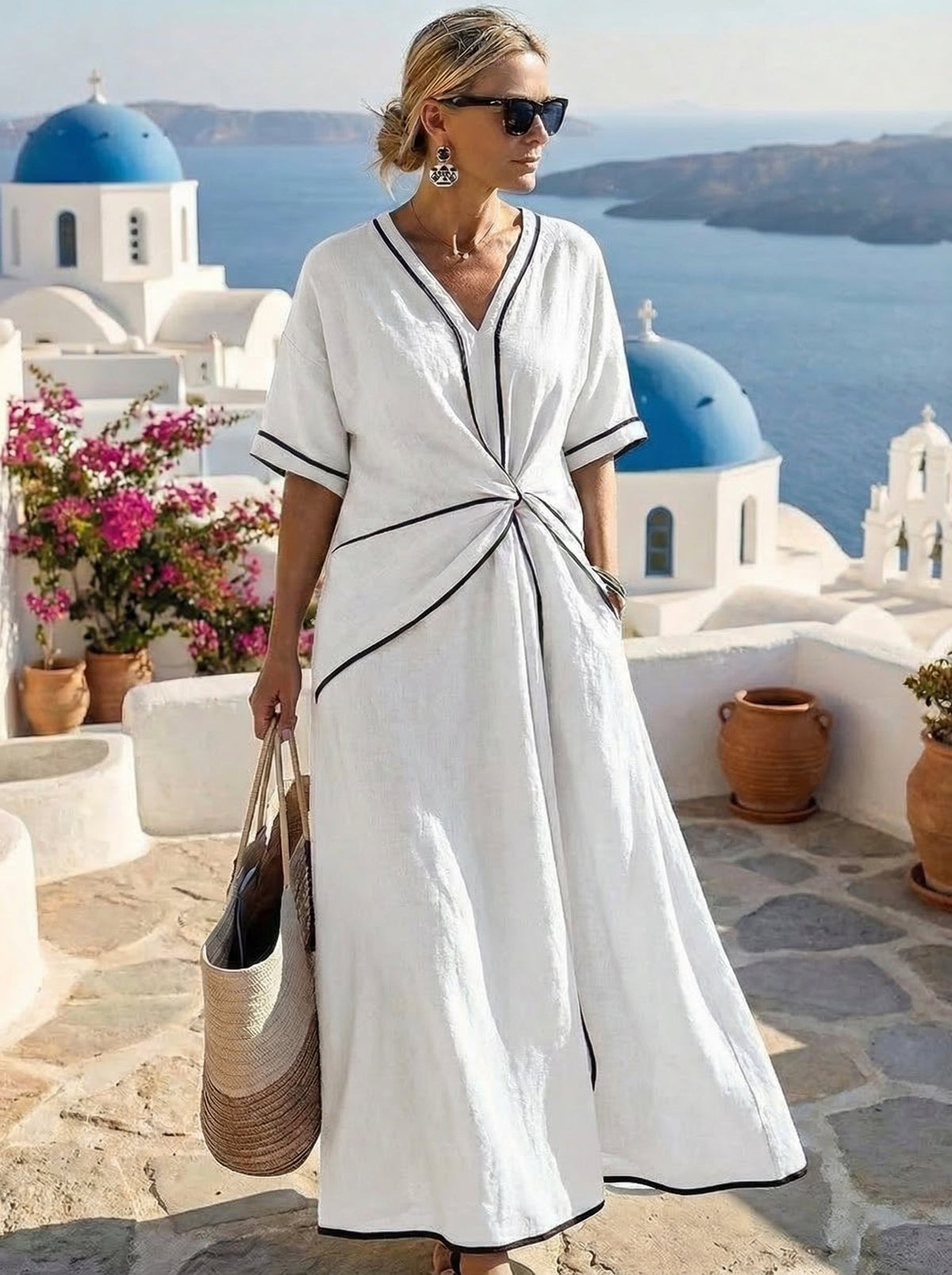 Santorini | Vestido de escote en V con drapeado · Vista 2