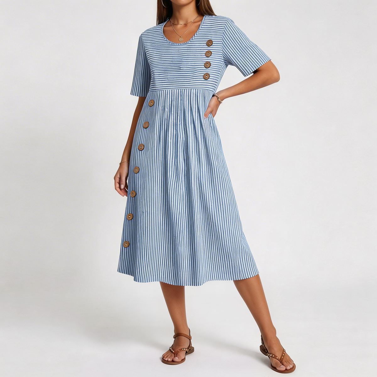 Sophia | Vestido midi de rayas con bolsillos