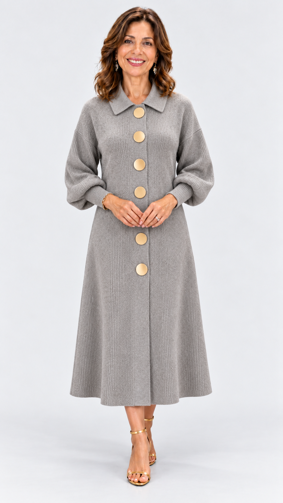 ISABEL vestido midi de punto gris con avatar y fondo gris claro