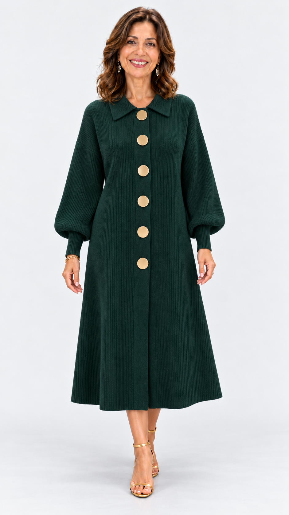 ISABEL vestido midi de punto verde botella con avatar y fondo gris claro
