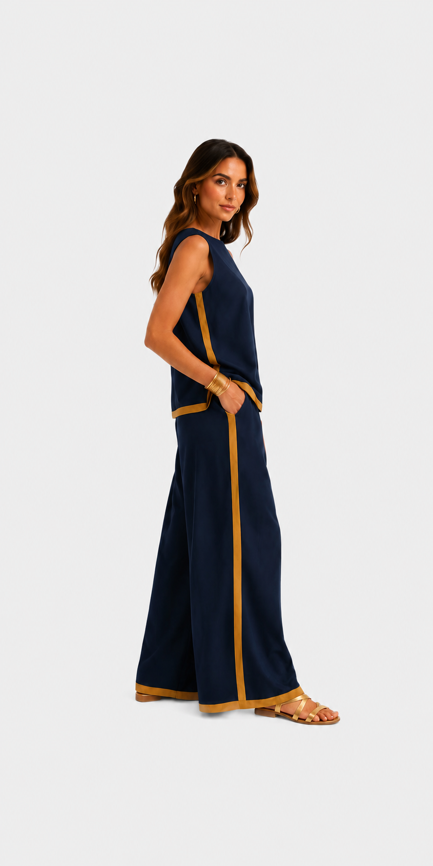 Leila | Conjunto elegante de dos piezas — Azul marino — fondo gris claro