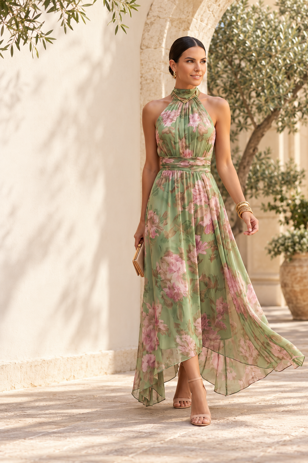 Olivia | Vestido floral de cuello halter · Fotografía editorial ALMA LIORA, imagen editada