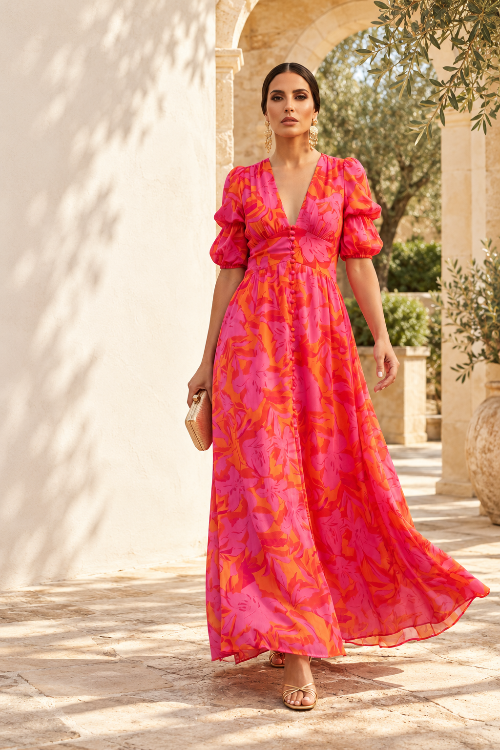 Olvera | Vestido fluido con escote en V y mangas amplias · Fotografía editorial ALMA LIORA, imagen editada