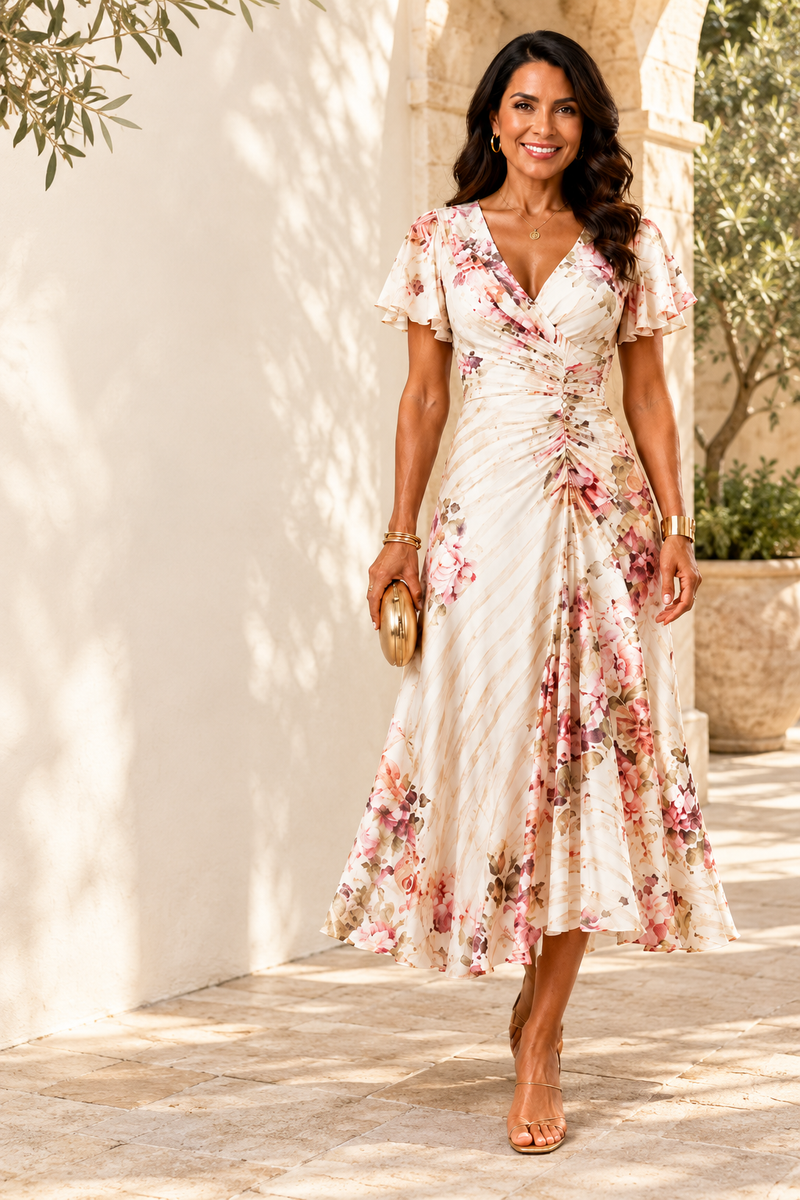 Alba | Vestido midi floral cruzado · Fotografía editorial ALMA LIORA, imagen editada