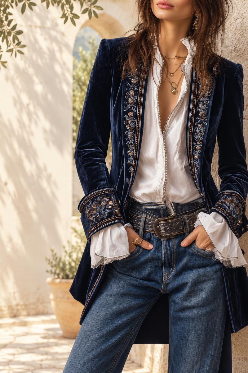 Athénaïs | Chaqueta larga con bordados · Fotografía editorial ALMA LIORA, imagen editada