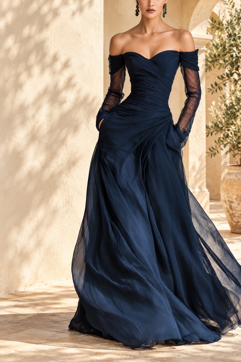 Eleonora | Vestido largo con hombros descubiertos y tul · Fotografía editorial ALMA LIORA, imagen editada
