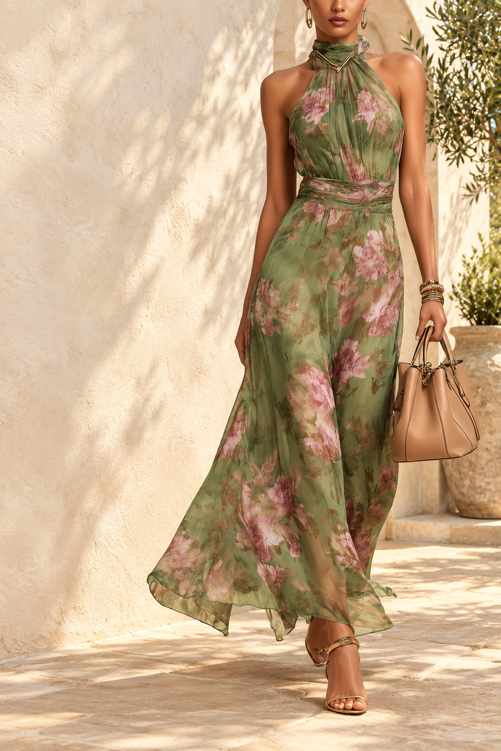 Serena | Vestido largo floral de cuello halter · Fotografía editorial ALMA LIORA, imagen editada