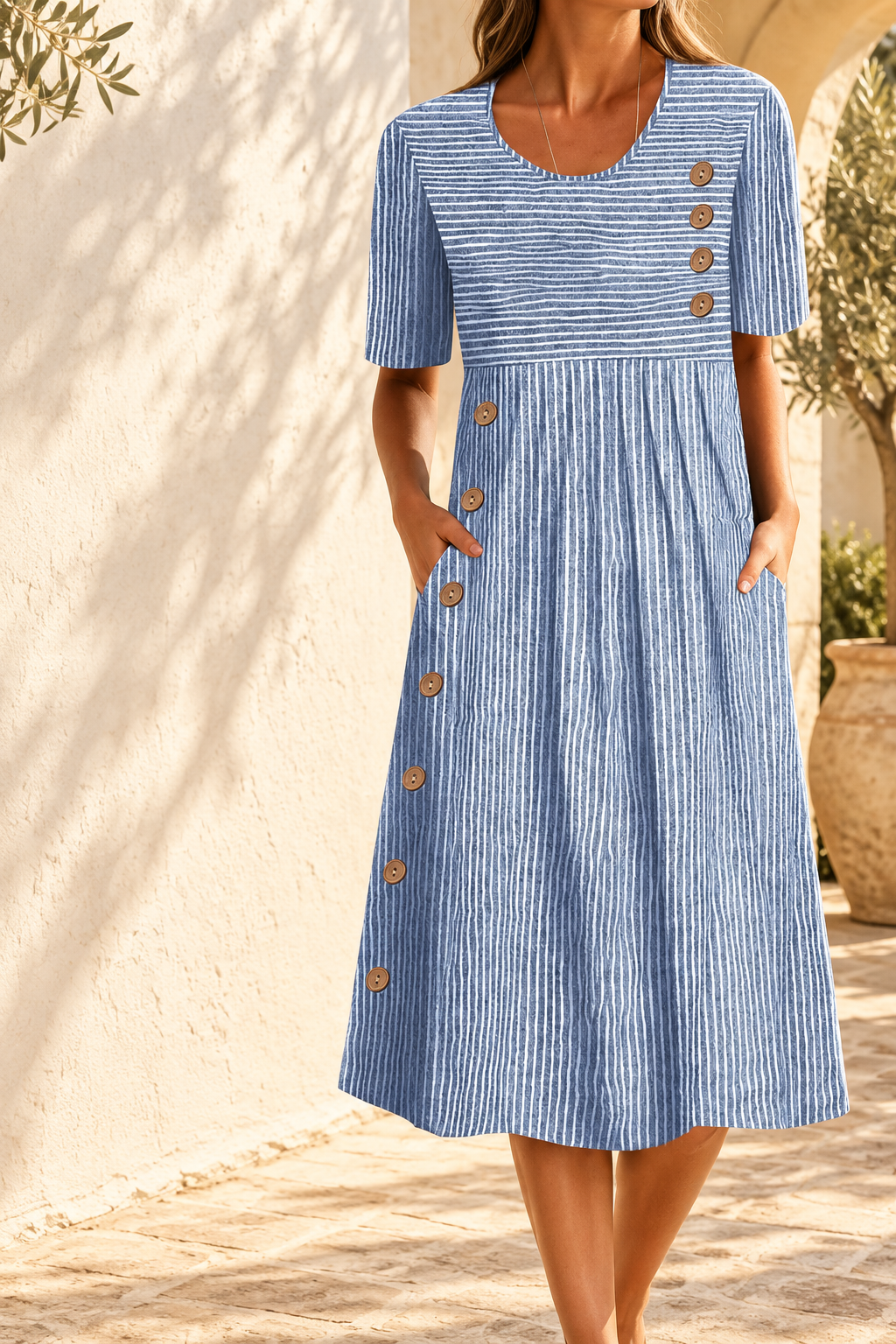 Sophia | Vestido midi de rayas con bolsillos · Fotografía editorial ALMA LIORA, imagen editada
